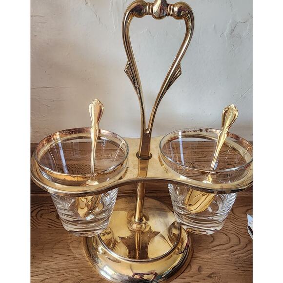 Vintage Mid-Century Gold Tone 2 Condiment Server Carousel With Spoons MCM - Picture 6 of 9